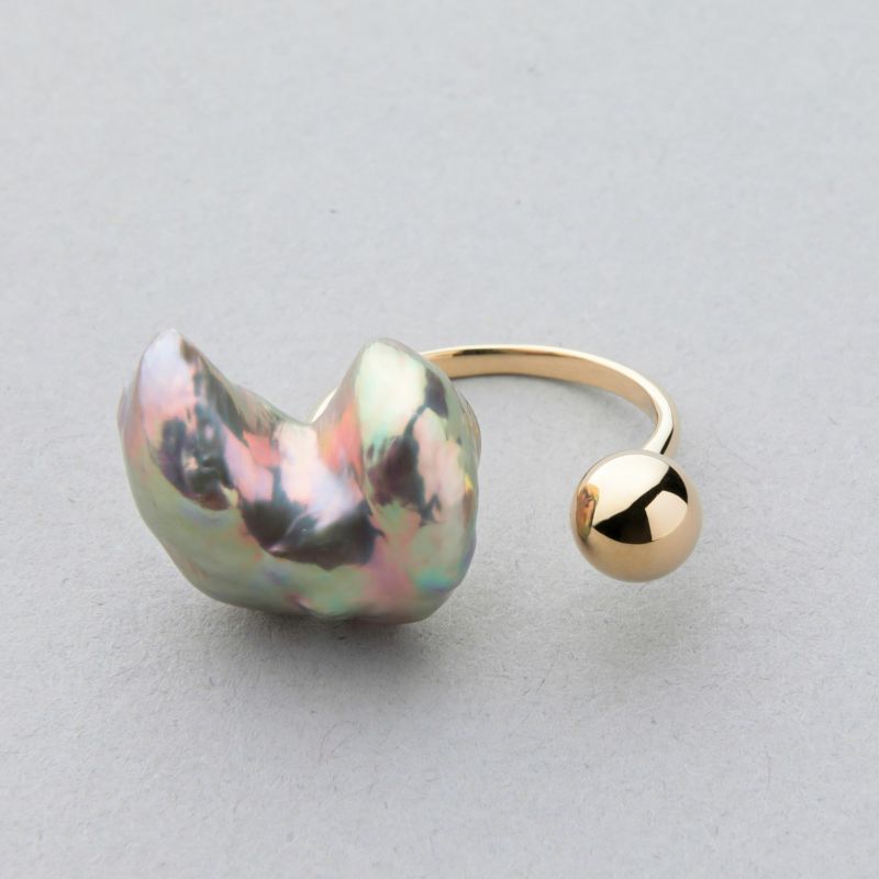 Unique fun! 淡水ケシ真珠 フォークリング　13-14mm K18YG バロック