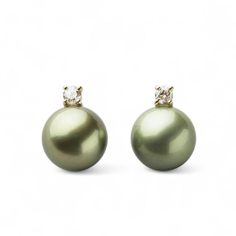 Pistachio タヒチ黒蝶真珠 ピアス 10mm K18WG/YG 一粒ダイヤ | 南洋