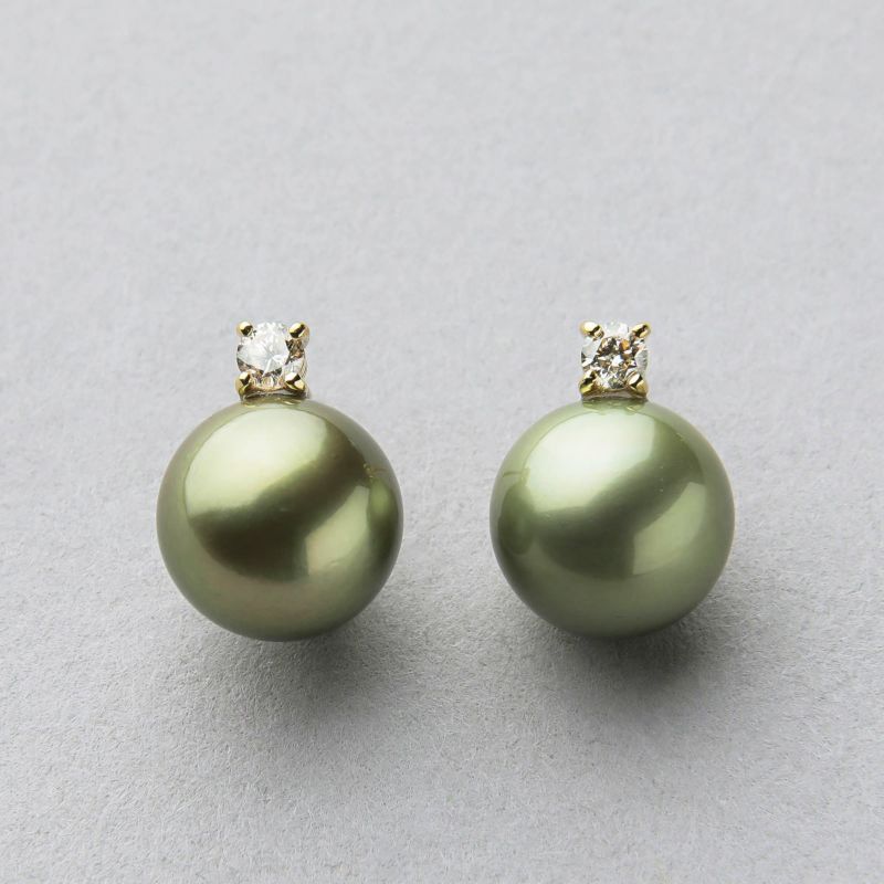 Pistachio タヒチ黒蝶真珠 ダイヤピアス　10mm K18WG/YG