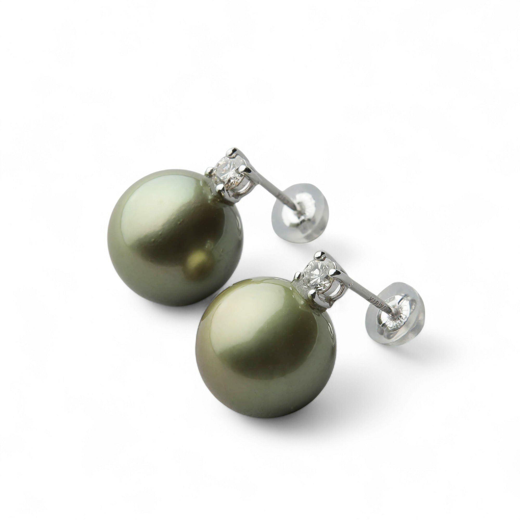 Pistachio タヒチ黒蝶真珠 ダイヤピアス　10mm K18WG/YG