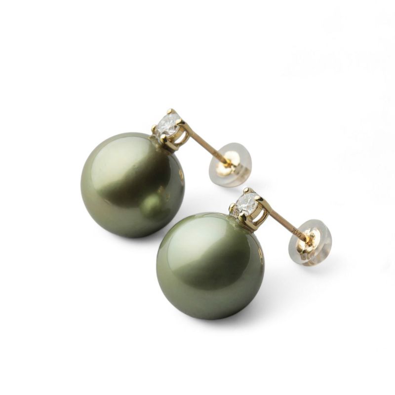 Pistachio タヒチ黒蝶真珠 ピアス 10mm K18WG/YG 一粒ダイヤ | 南洋