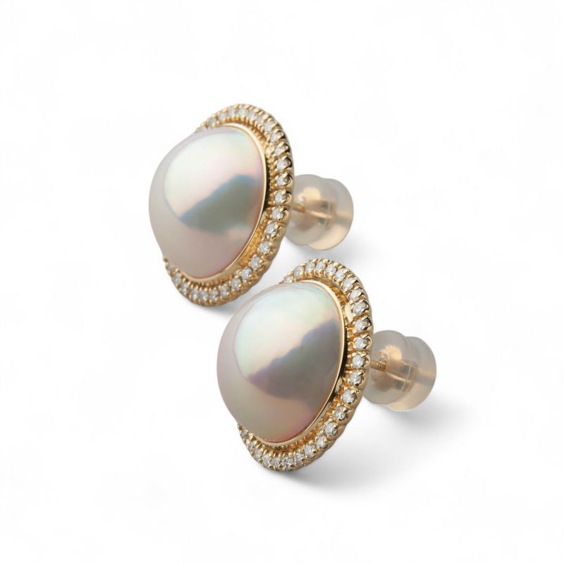 マベ真珠 ダイヤモンドピアス13mmUP K18YG　取り巻き