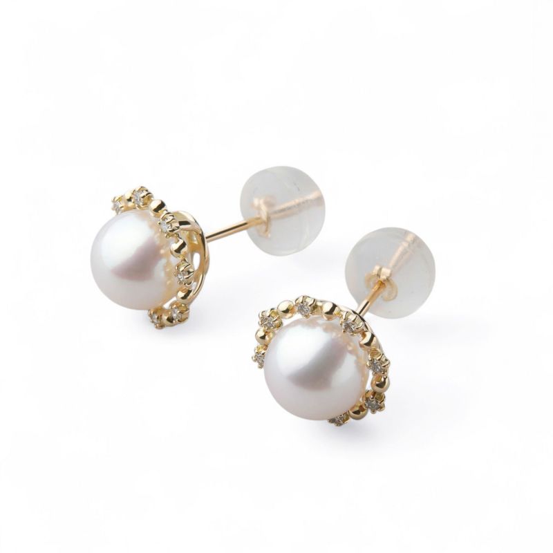 オーロラ花珠真珠 ピアス7.5-8.0mm K18YG 取り巻き -Premium-