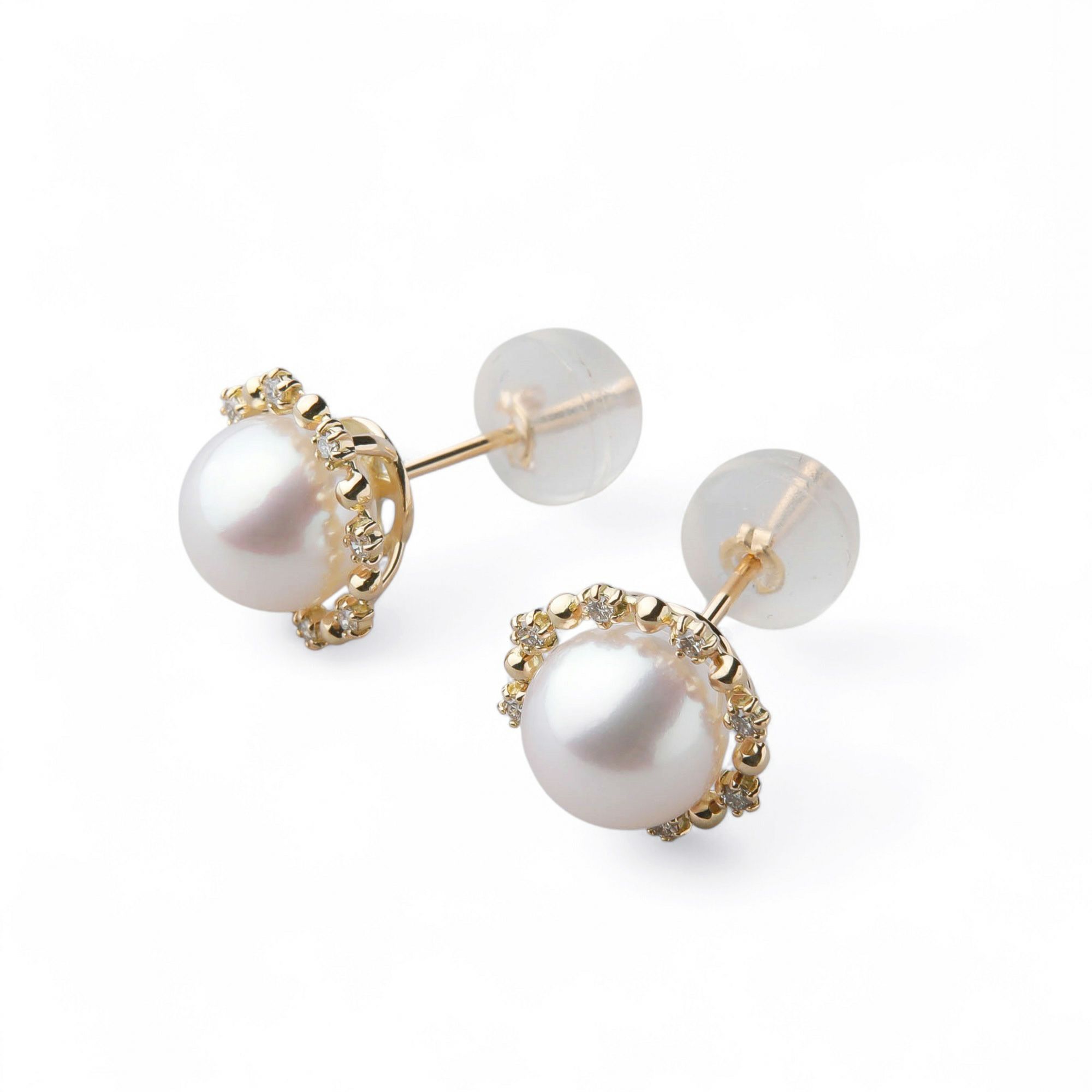 オーロラ花珠真珠 ピアス7.5-8.0mm K18YG 取り巻き -Premium-