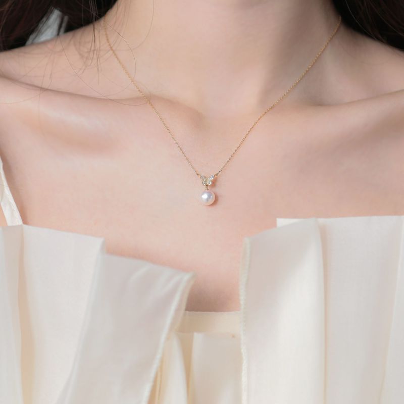 petit amie あこや真珠 蝶 ペンダント　7.5-8.0mm K18YG