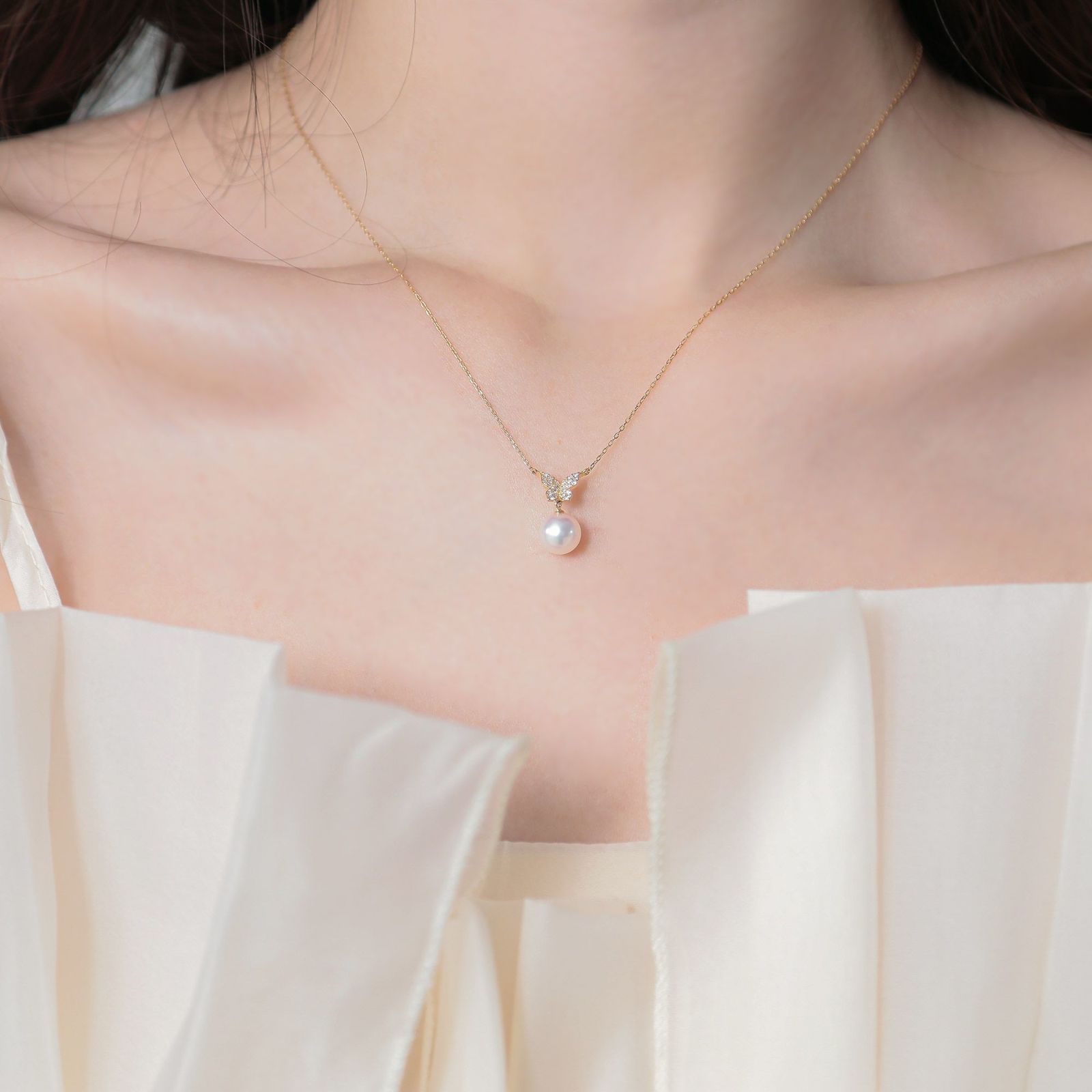 petit amie あこや真珠 蝶 ペンダント　7.5-8.0mm K18YG