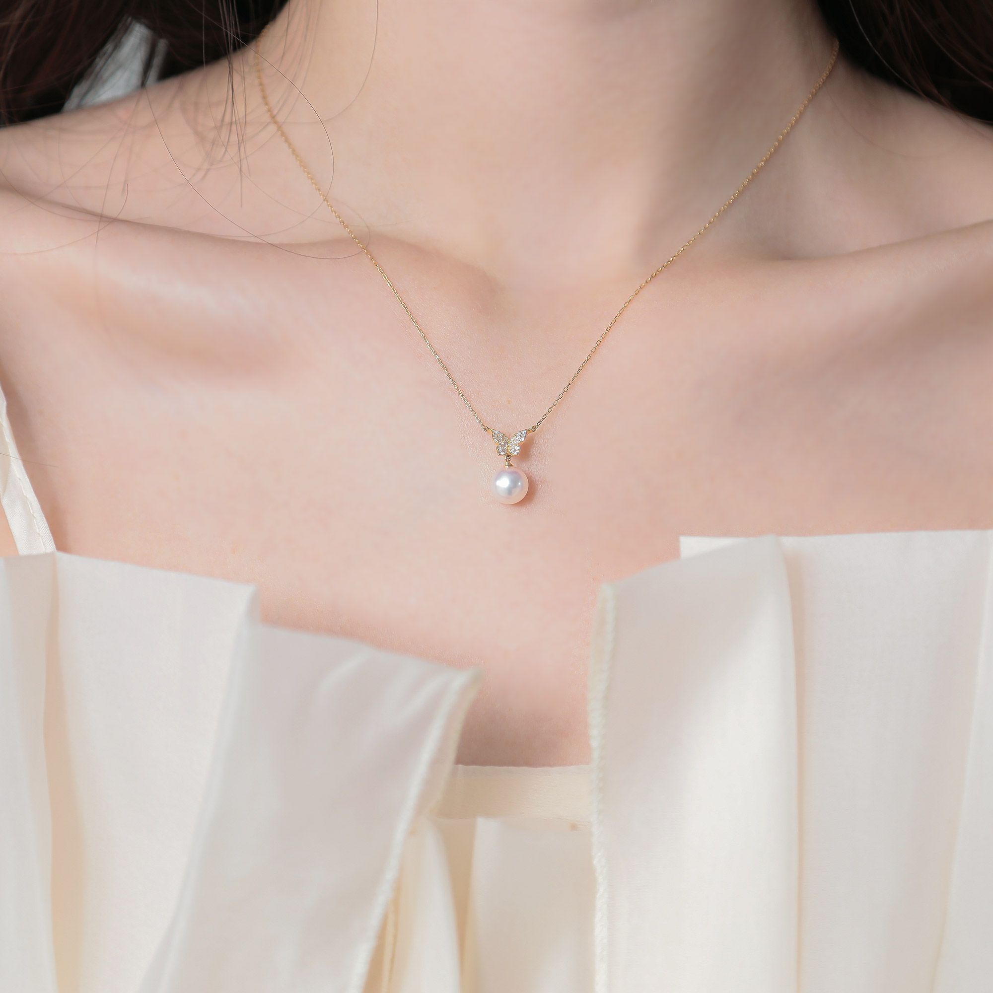 petit amie あこや真珠 蝶 ペンダント　7.5-8.0mm K18YG