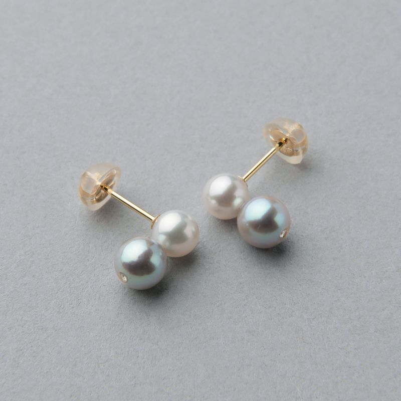 K18 あこや真珠 2粒ピアス5.0-6.0mm K18YG ツートン