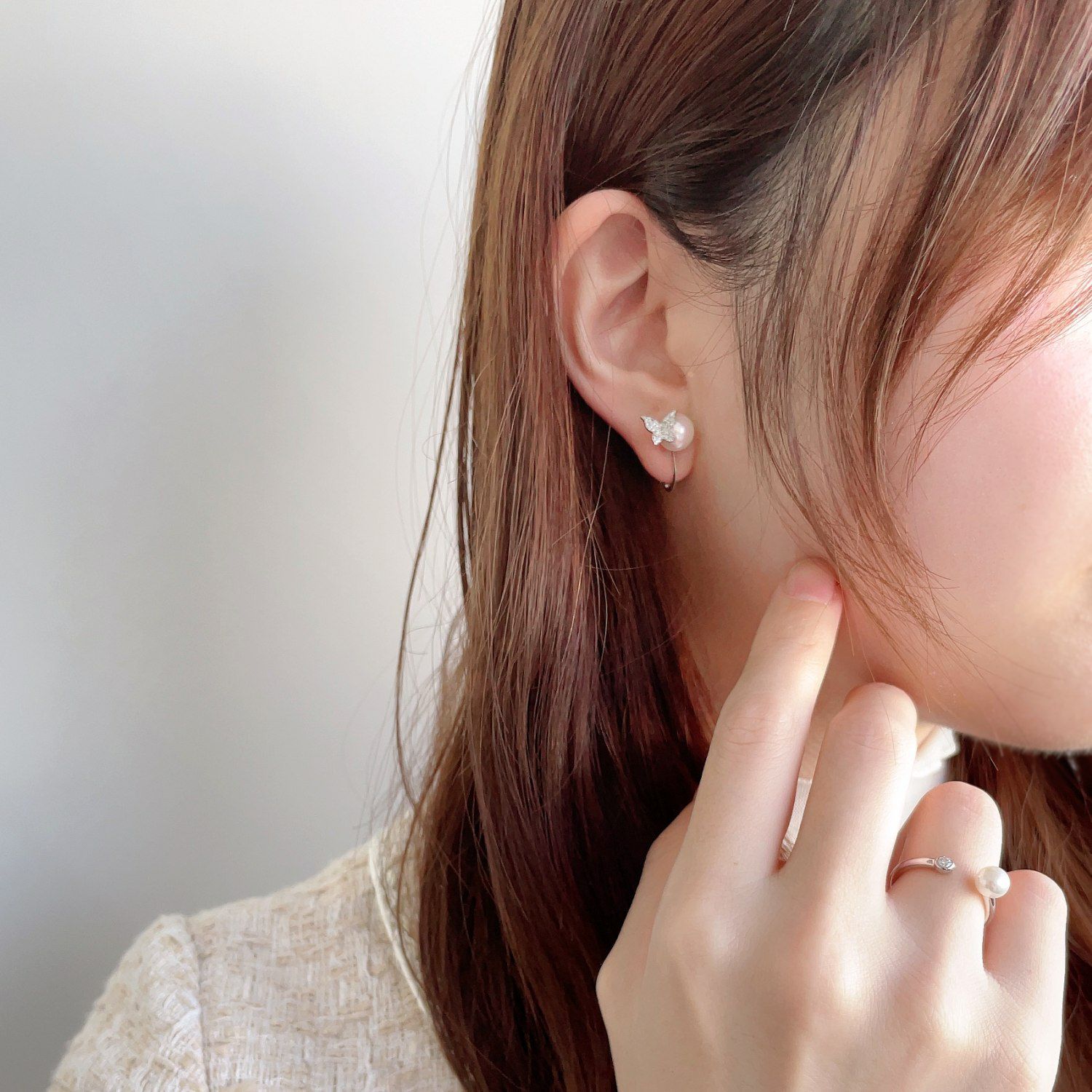 petit amie あこや真珠 蝶 イヤリング　7.5-8.0mm K18WG