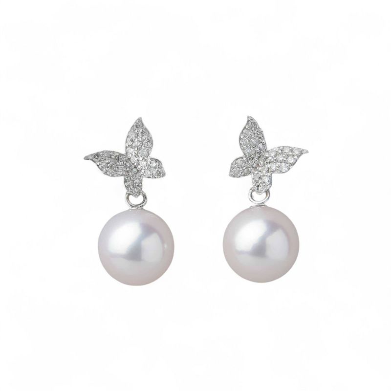  petit amie あこや真珠 蝶 ピアス　7.5-8.0mm K18WG