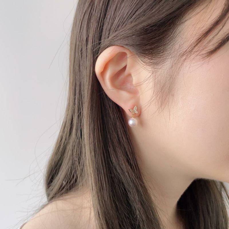 petit amie あこや真珠 蝶 ピアス　7.5-8.0mm K18YG