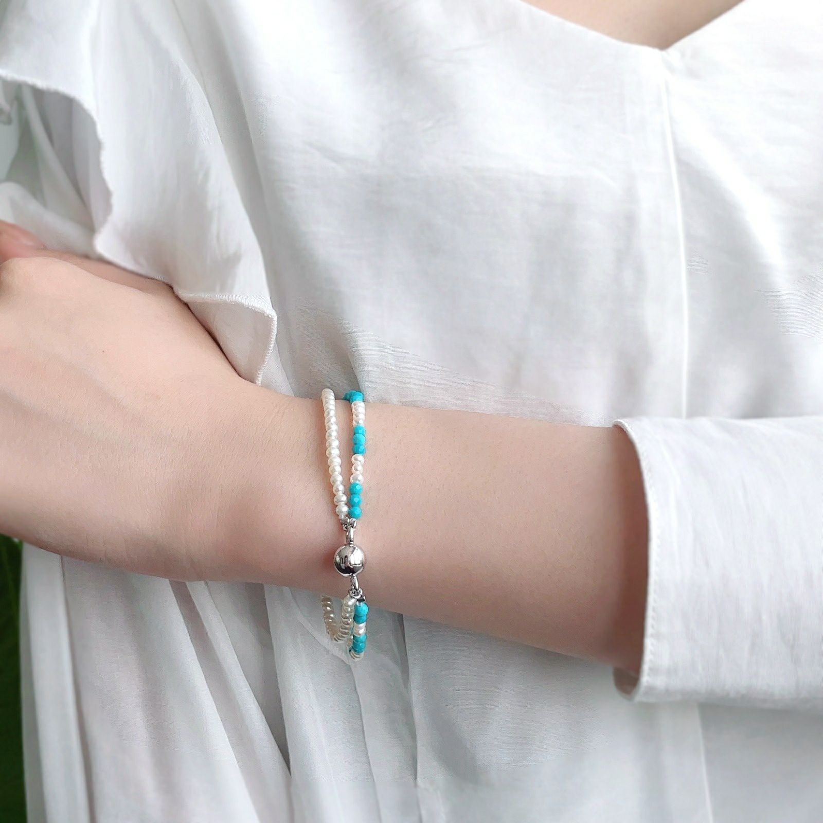 淡水真珠×ターコイズ ブレスレット　2.5-3.0mmUP