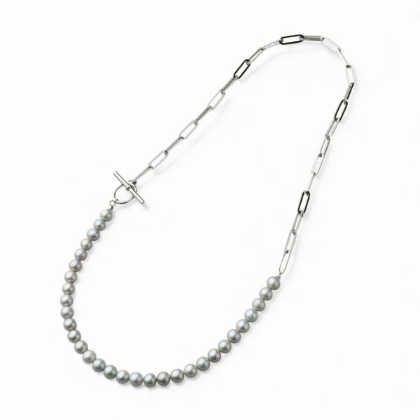 淡水真珠 ハーフチェーンネックレス　グレー 6.5-7.5mm SUS316L