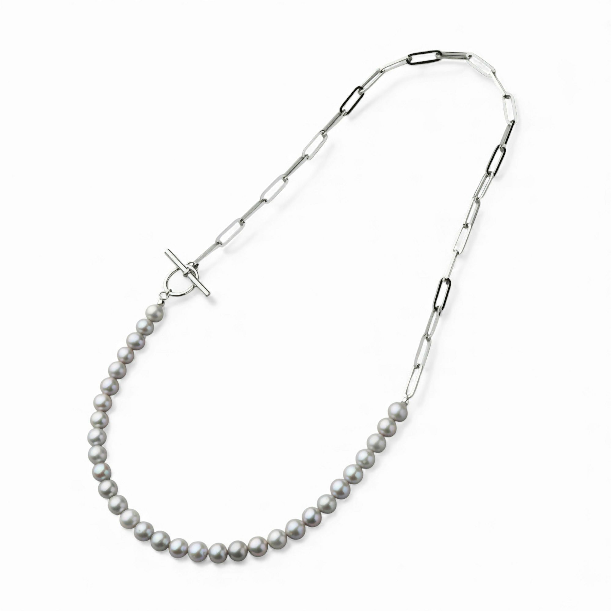 淡水真珠 ハーフチェーンネックレス　グレー 6.5-7.5mm SUS316L