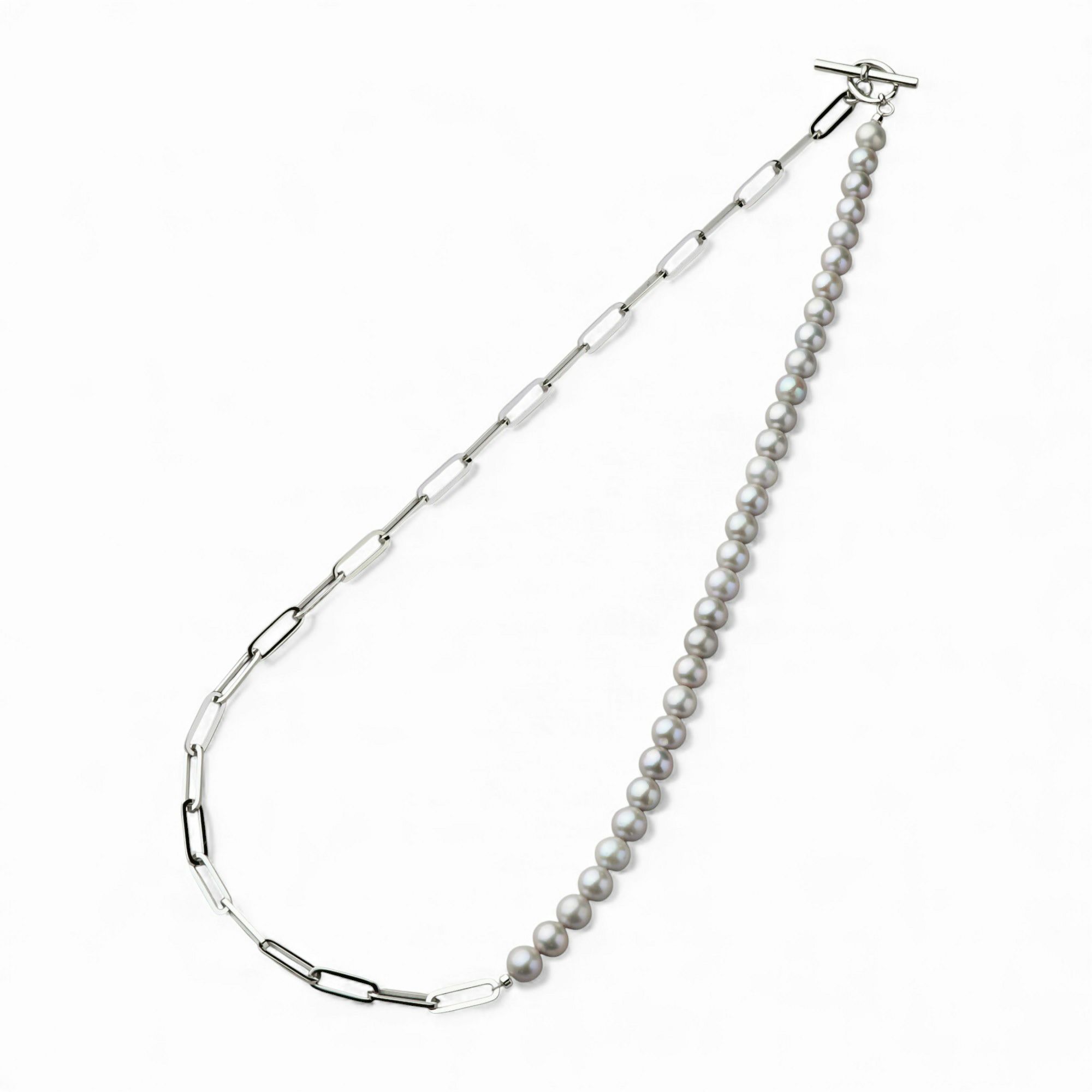 淡水真珠 ハーフチェーンネックレス　グレー 6.5-7.5mm SUS316L