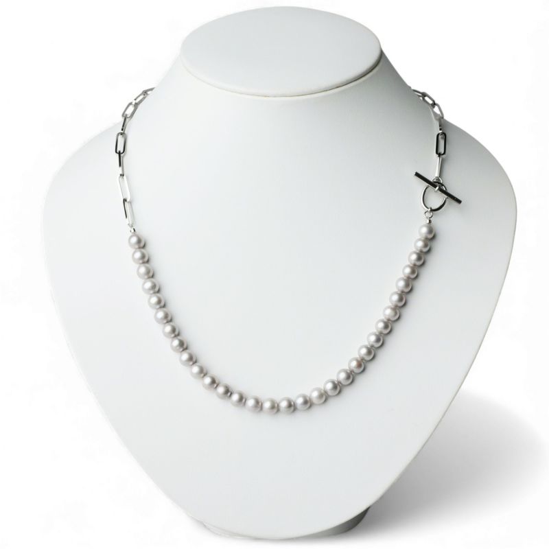 淡水真珠 ハーフチェーンネックレス　グレー 6.5-7.5mm SUS316L