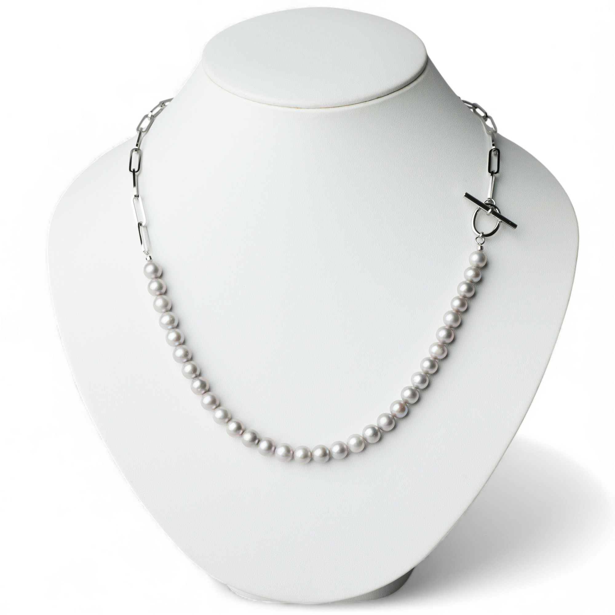 淡水真珠 ハーフチェーンネックレス　グレー 6.5-7.5mm SUS316L