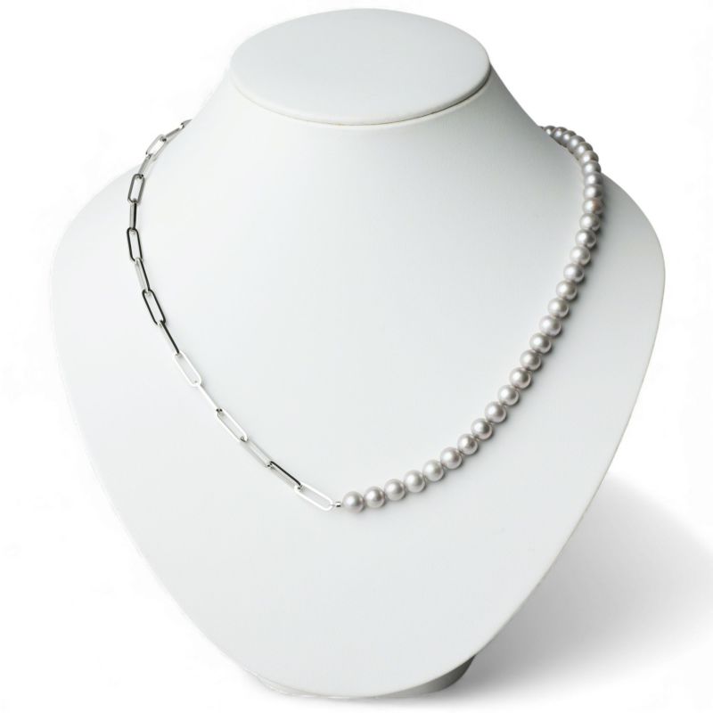 淡水真珠 ハーフチェーンネックレス　グレー 6.5-7.5mm SUS316L