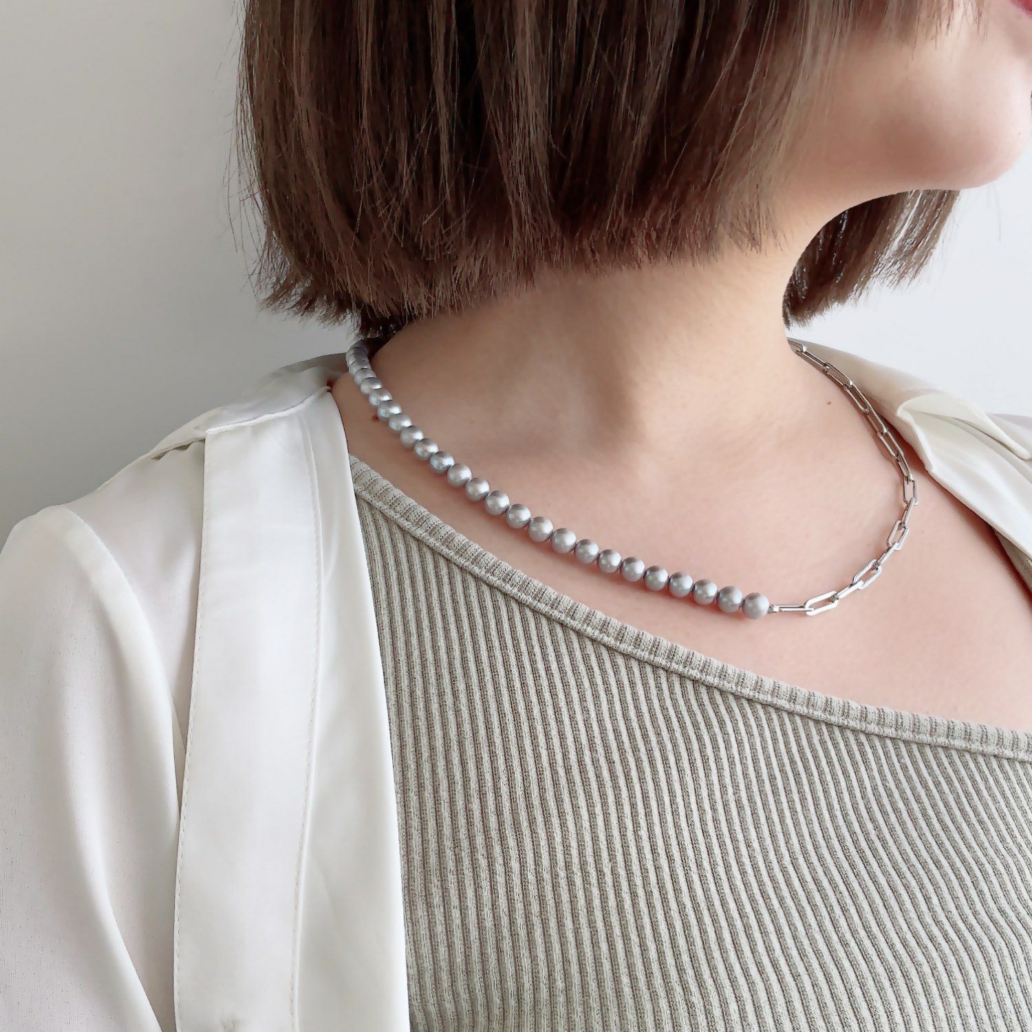 淡水真珠 ハーフチェーンネックレス　グレー 6.5-7.5mm SUS316L