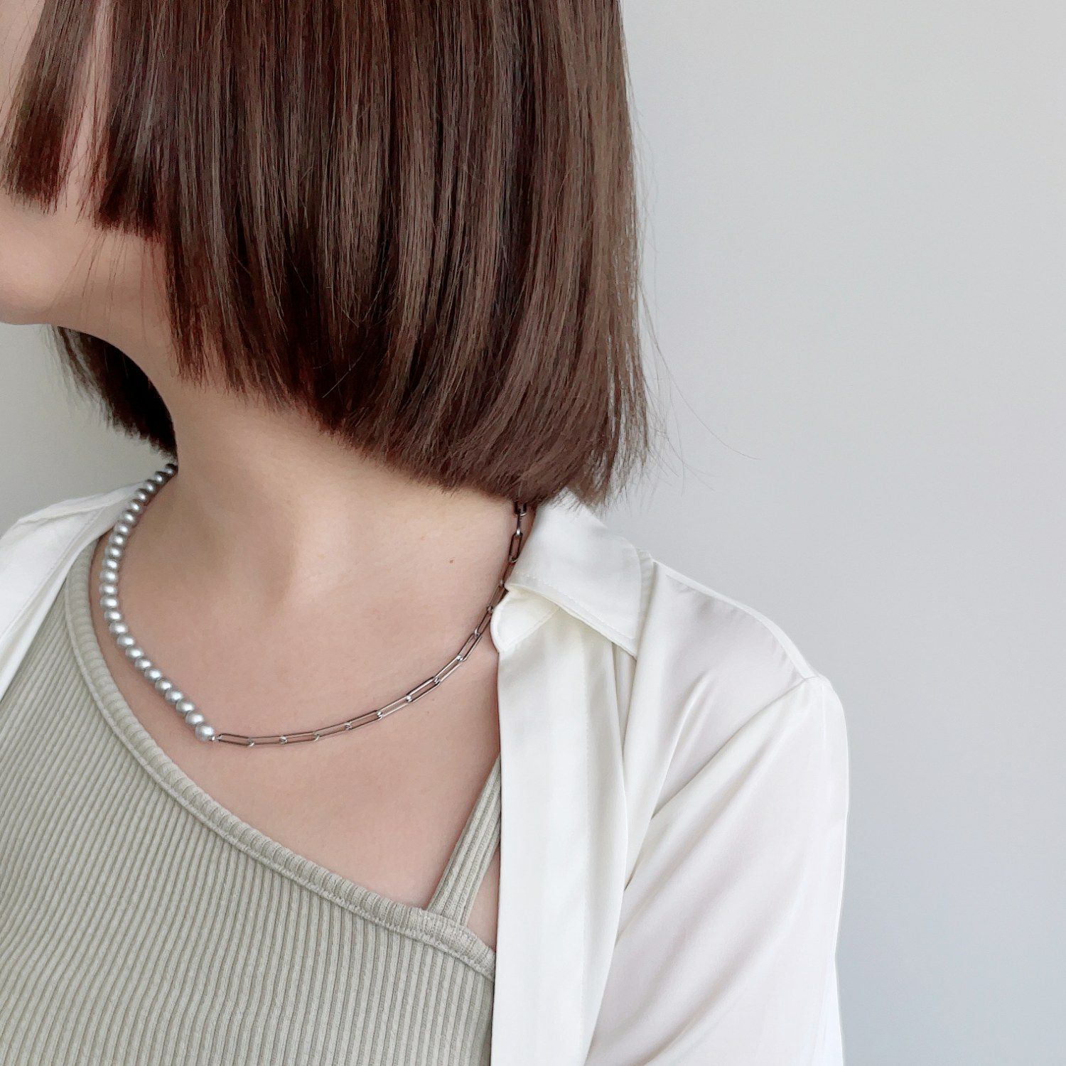 淡水真珠 ハーフチェーンネックレス　グレー 6.5-7.5mm SUS316L