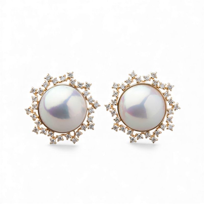 マベ真珠 ダイヤモンド ピアス 12mm K18YG オーロラホワイト [WSP]