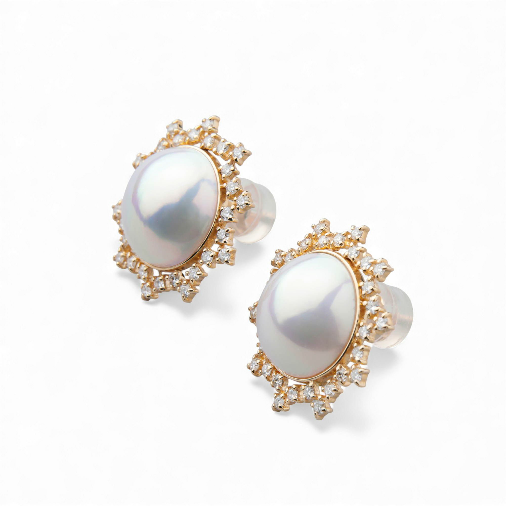 マベ真珠 ダイヤモンド ピアス 12mm K18YG オーロラホワイト [WSP]