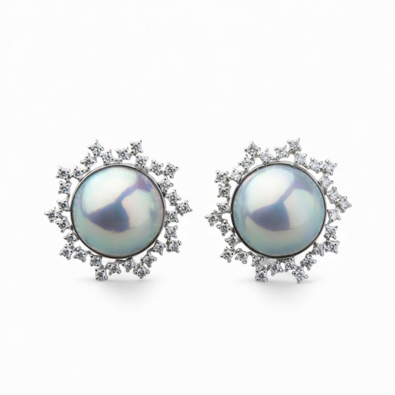 マベ真珠 ダイヤモンド ピアス 12mm K18WG オーロラブルー [WSP]