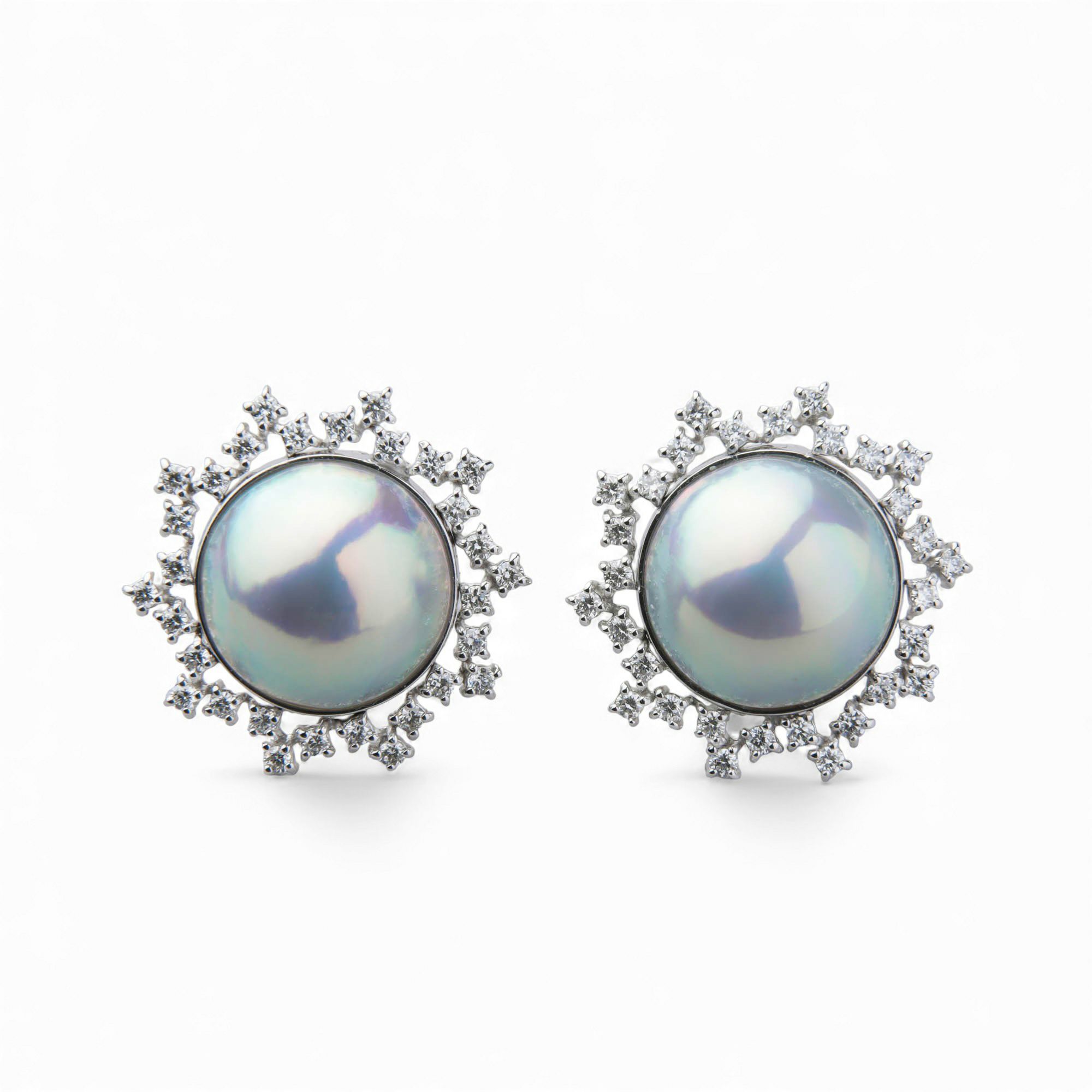マベ真珠 ダイヤモンド ピアス 12mm K18WG オーロラブルー [WSP]