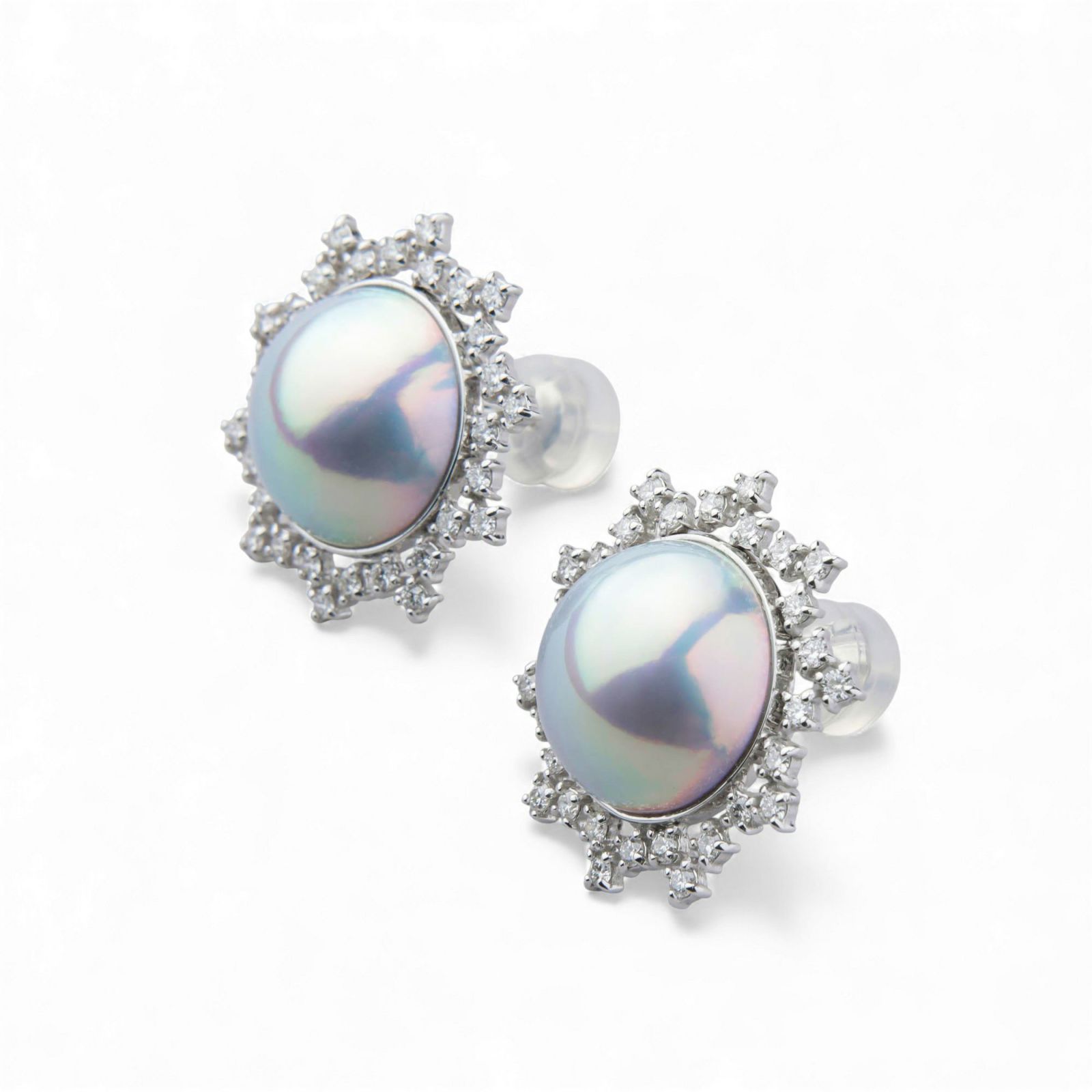 マベ真珠 ダイヤモンド ピアス 12mm K18WG オーロラブルー [WSP]